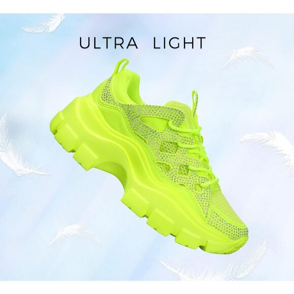 Women Neon Yellow Rhinestone Platform Fuchsia Hologram Casual Lace-Up Sneakers - Picture 4 of 9